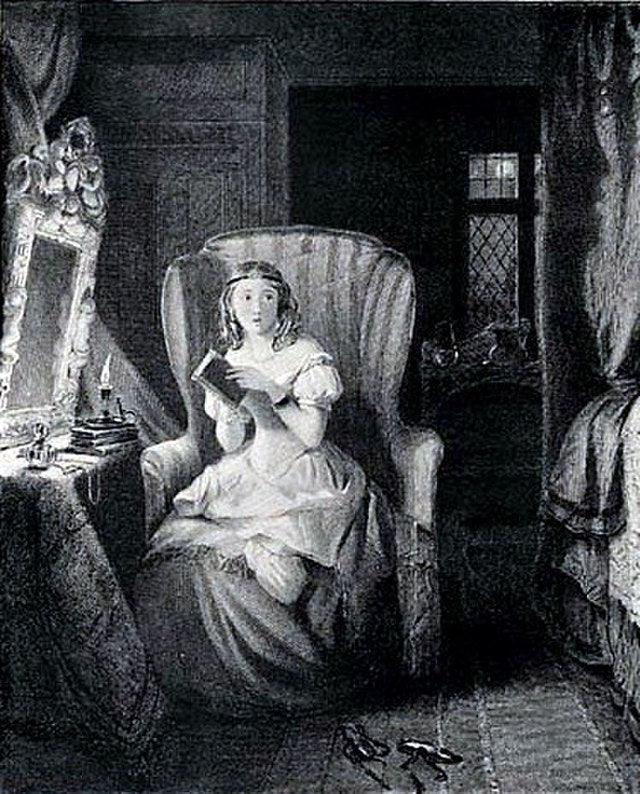 Catherine Morland reading in Northanger Abbey