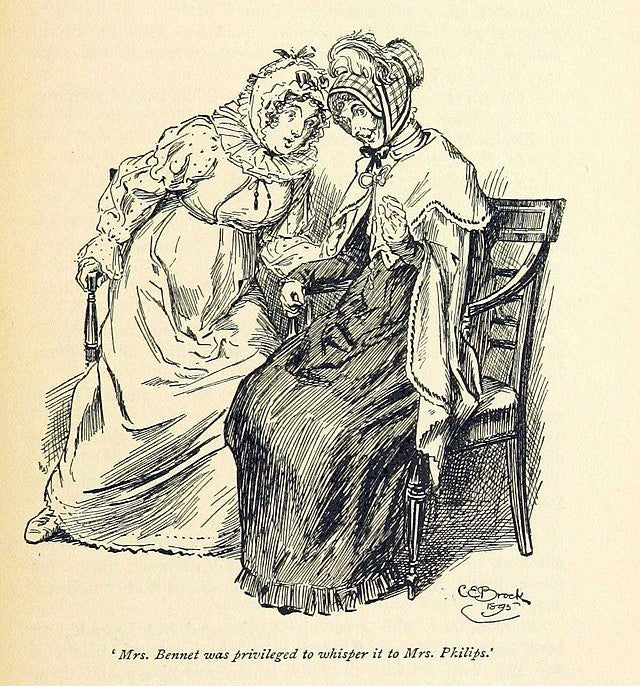 Illustration by C E Brock for Pride and Prejudice - Mrs. Bennet was privileged to whisper it to Mrs. Philips