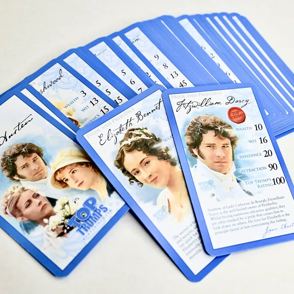 Official Jane Austen Top Trumps cards, Elizabeth Bennet and Fitzwilliam Darcy cards