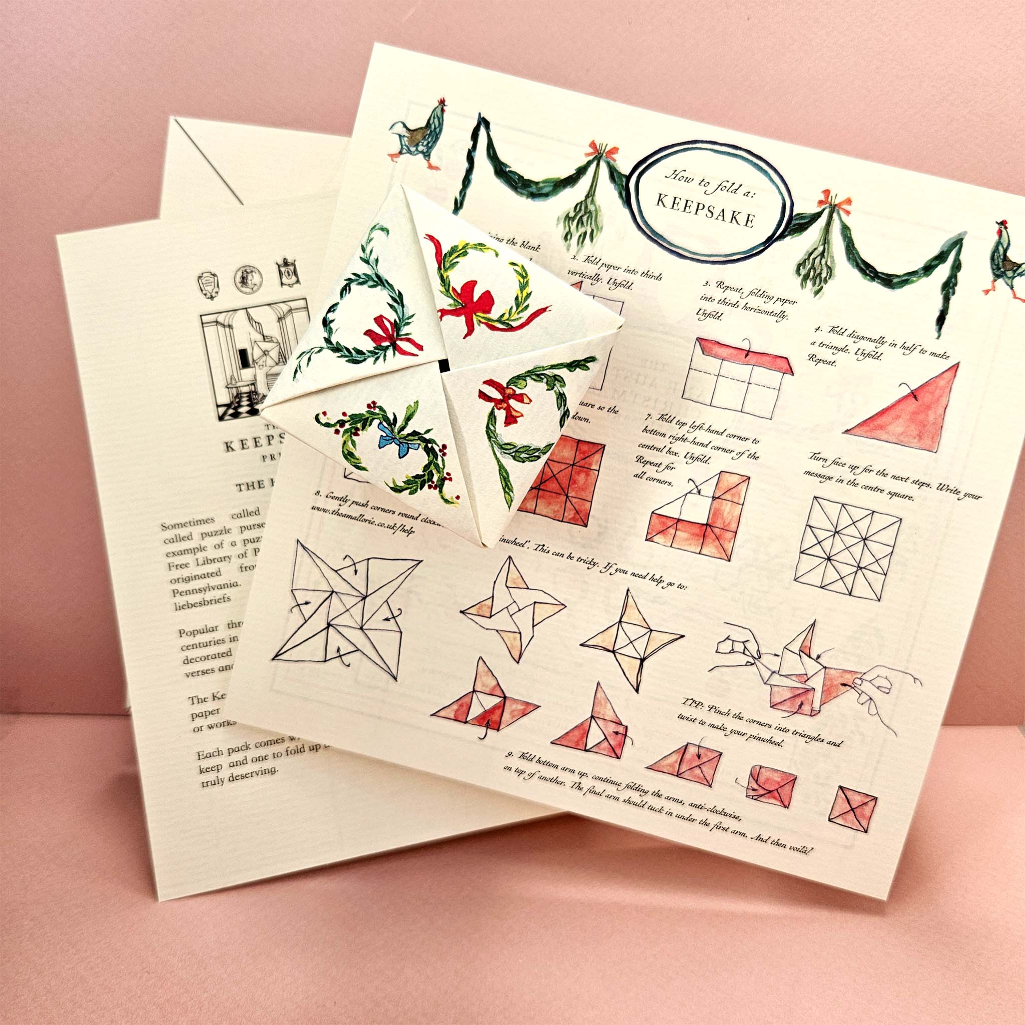 Set of origami instructions for Christmas keepsake with decorative elements on a pink background