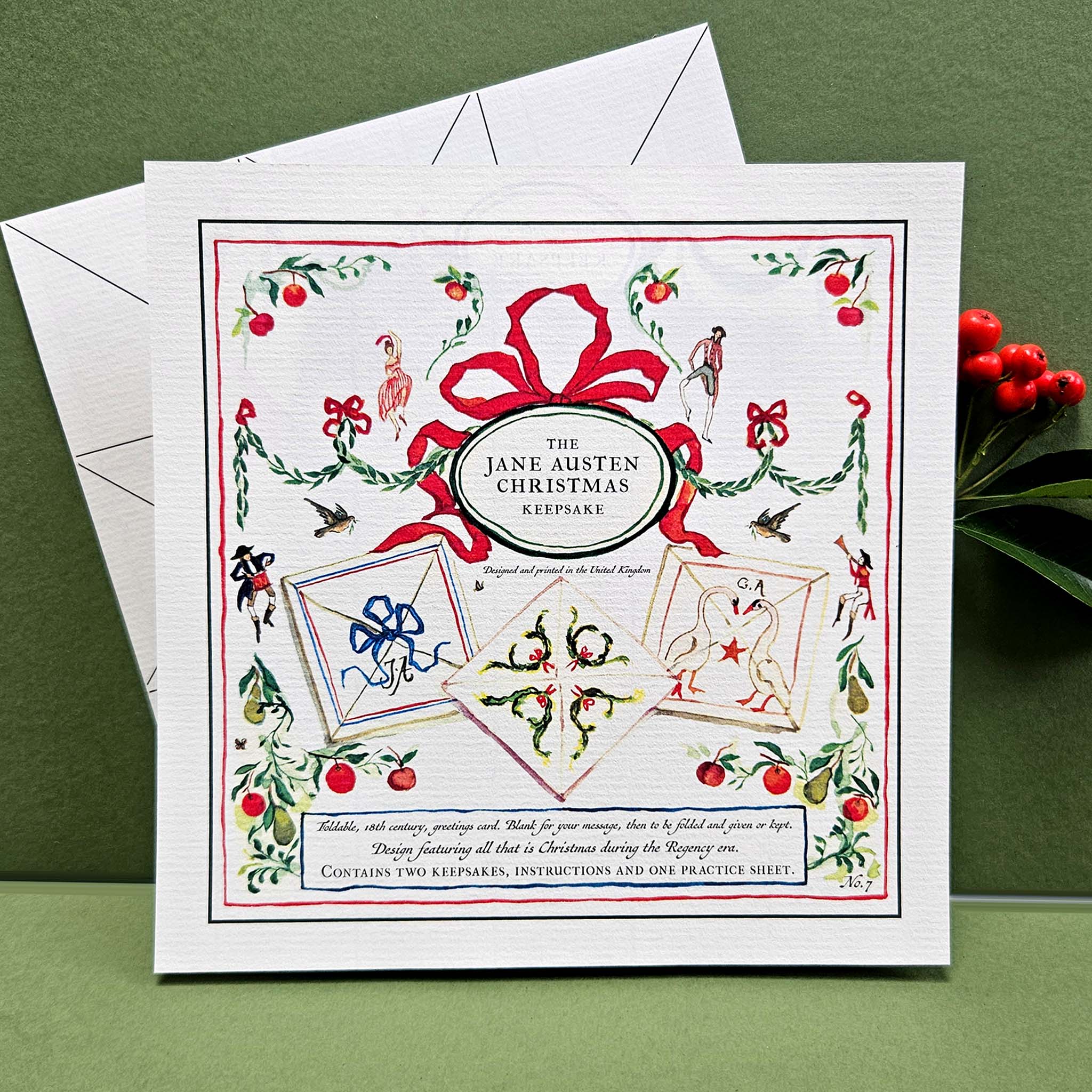 Jane Austen Christmas Keepsake card with decorative elements on a green background