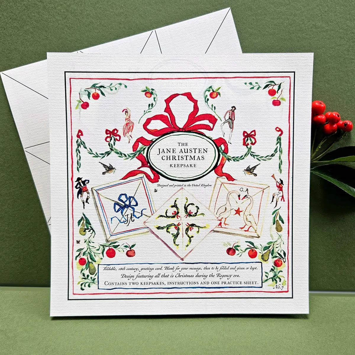 Jane Austen Christmas Keepsake card with decorative elements on a green background