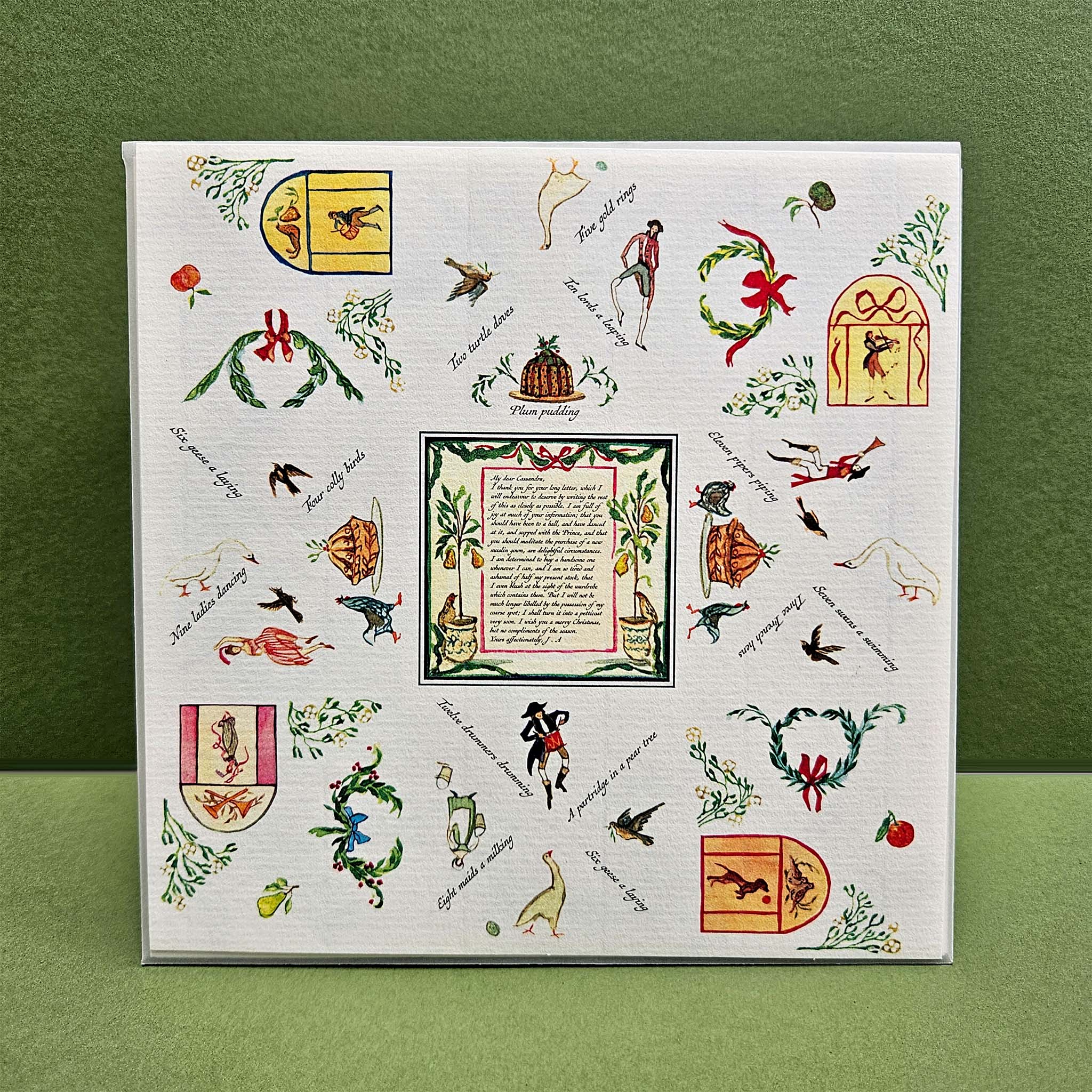Decorative paper with Christmas illustrations and text on a green background
