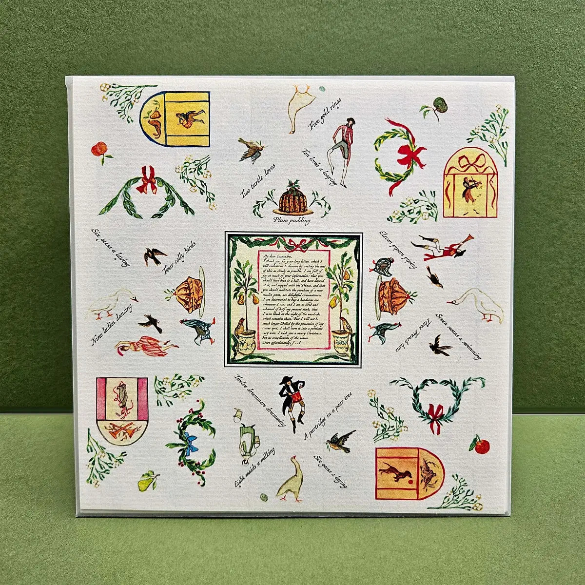 Decorative paper with Christmas illustrations and text on a green background