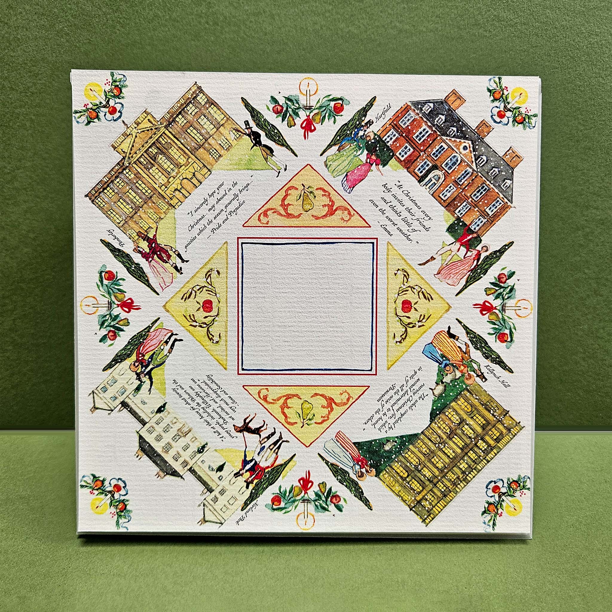 Decorative board with Jane Austen Christmas illustrations and text on a green background