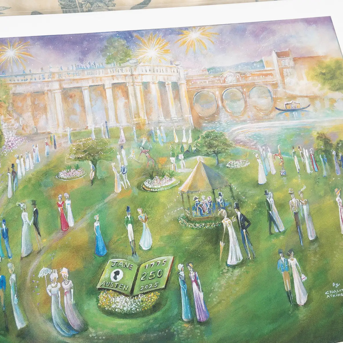Illustration of a garden party scene with people in formal attire, signed by Charlotte Atkinson.
