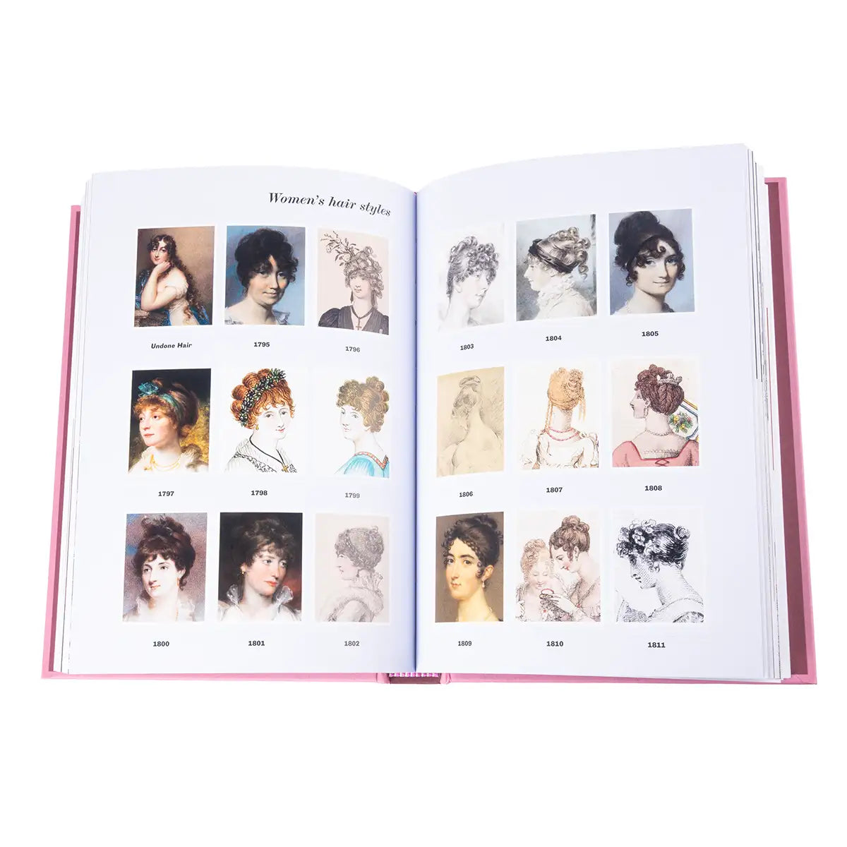 An illustrated page full of example images of 'Women's hair styles' ranging from undone hair to updos, all from 1795-1811.