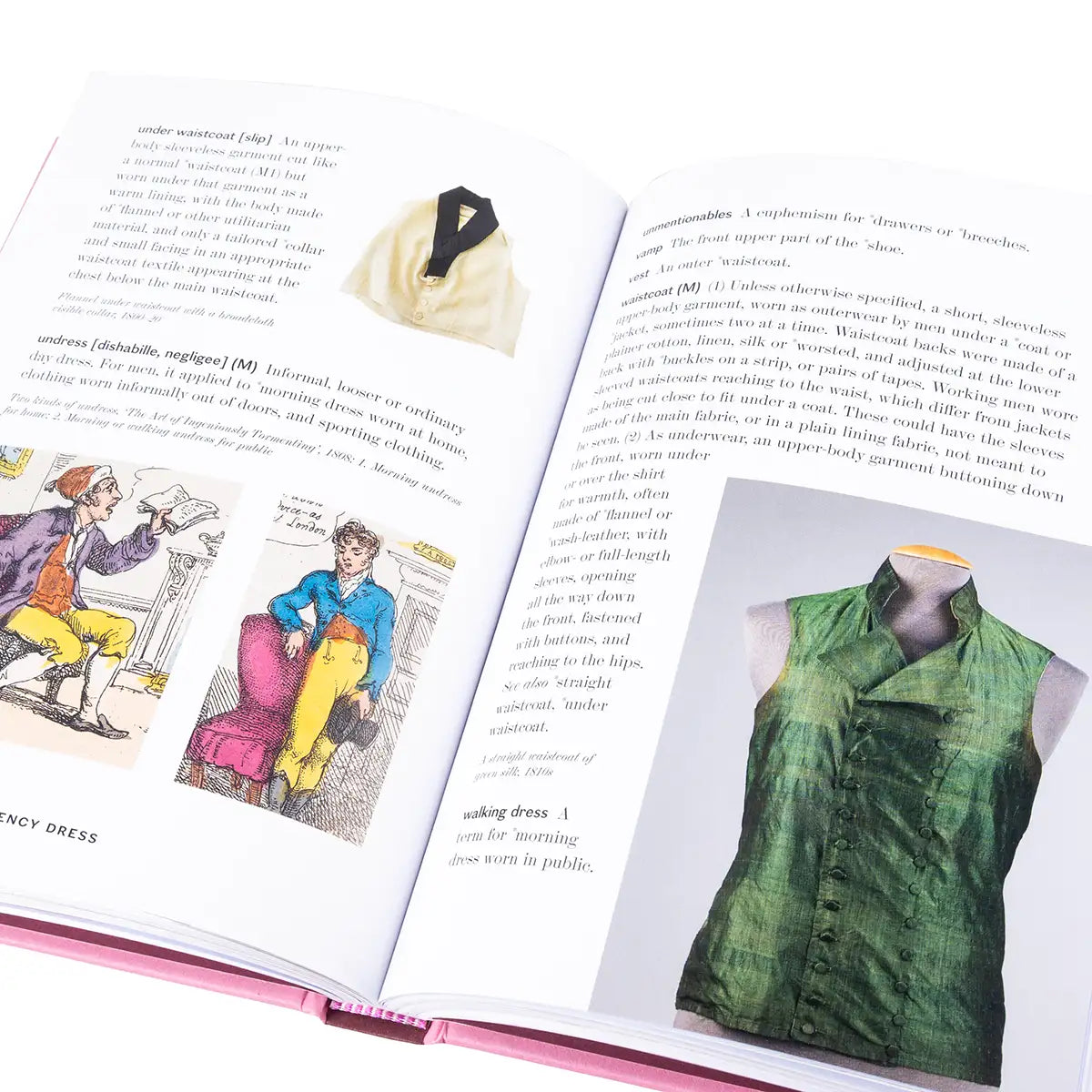 Open book with illustrations and text on fashion, featuring a green waistcoat.
