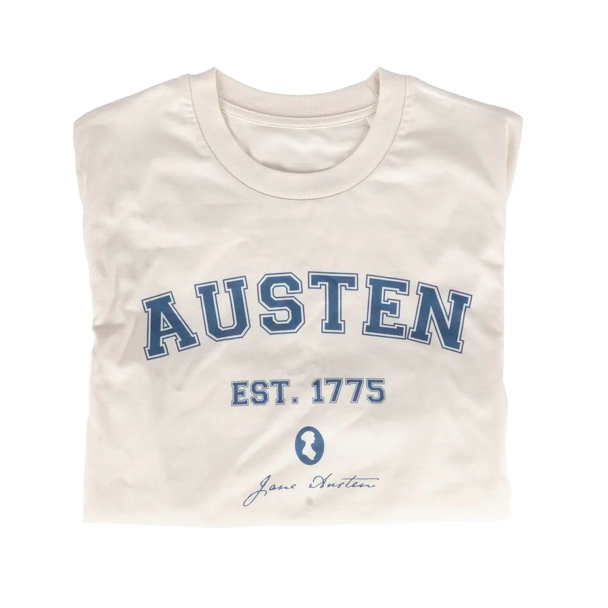Cream shirt on a white background with 'AUSTEN EST. 1775' and Jane Austen silhouette in blue print
