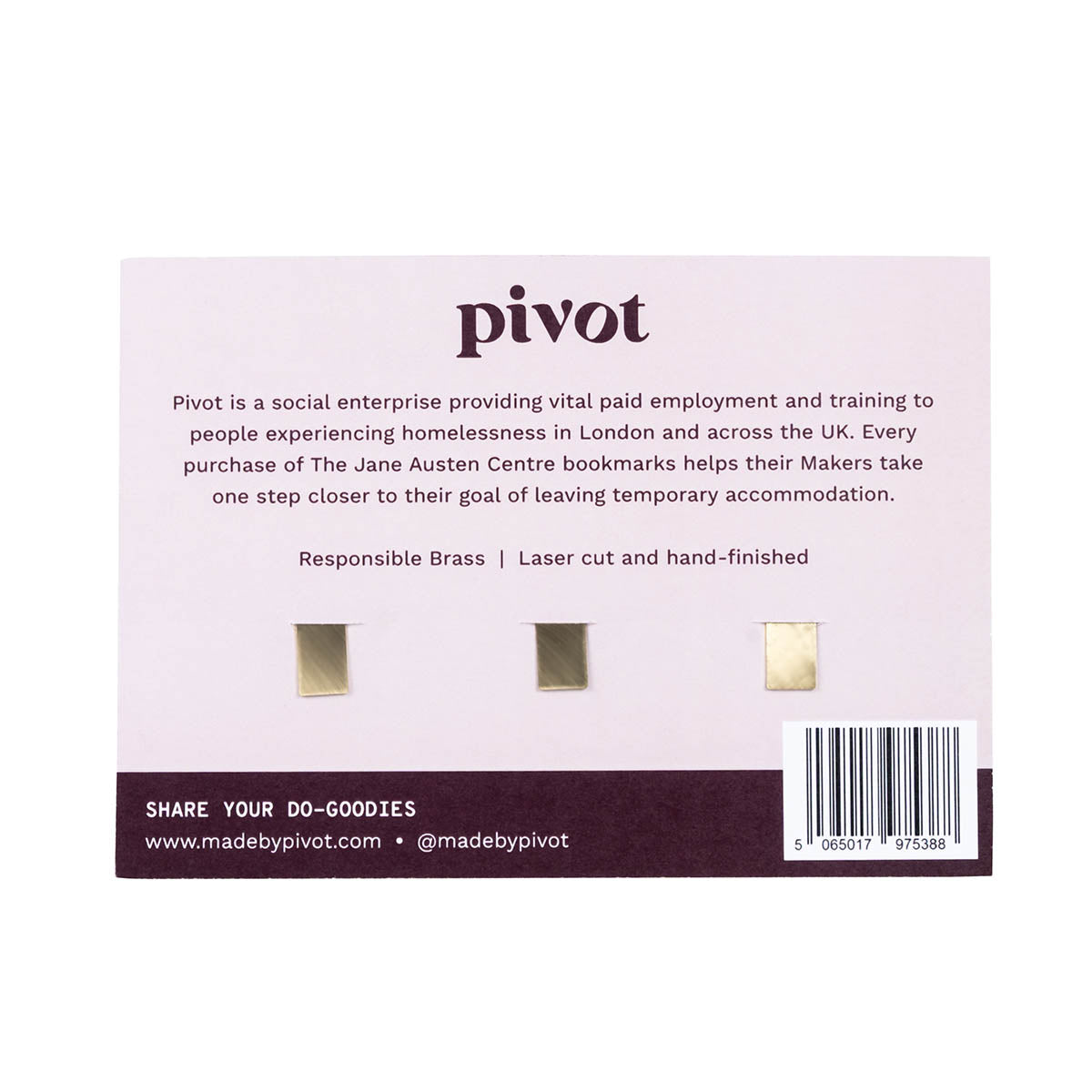Back of trio of bookmarks explaining Pivots social enterprise