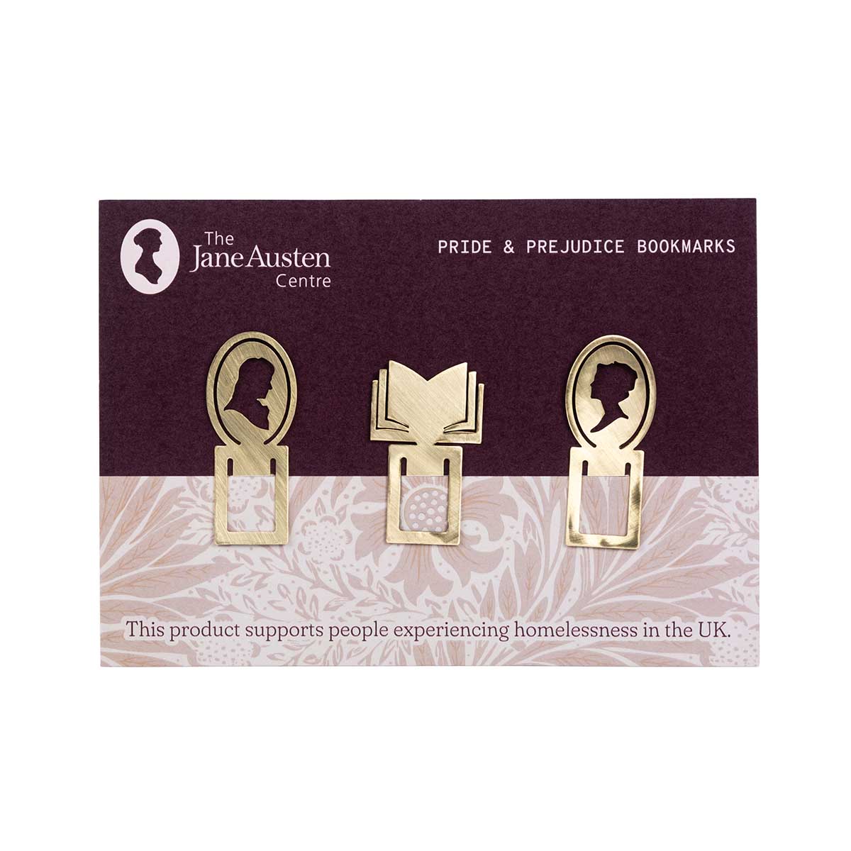 Trio of Brass Book marks with silhouettes of Mr Darcy, Lizzy Bennet and an open book