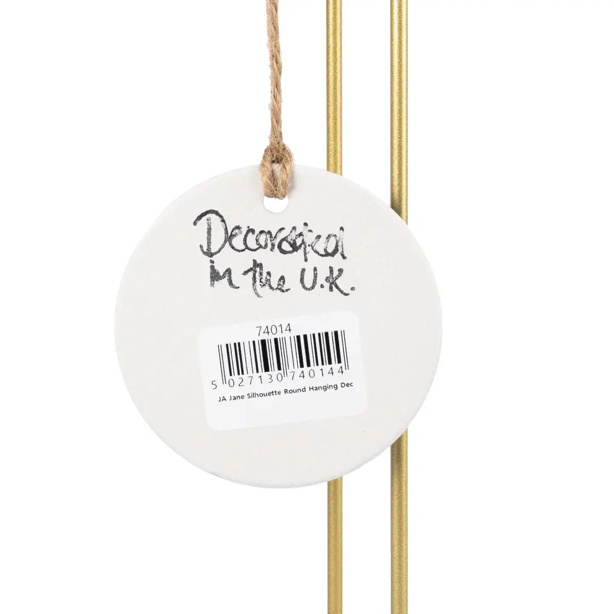 Round hanging decorative item with 'Decorated in the U.K.' text and barcode on a white background