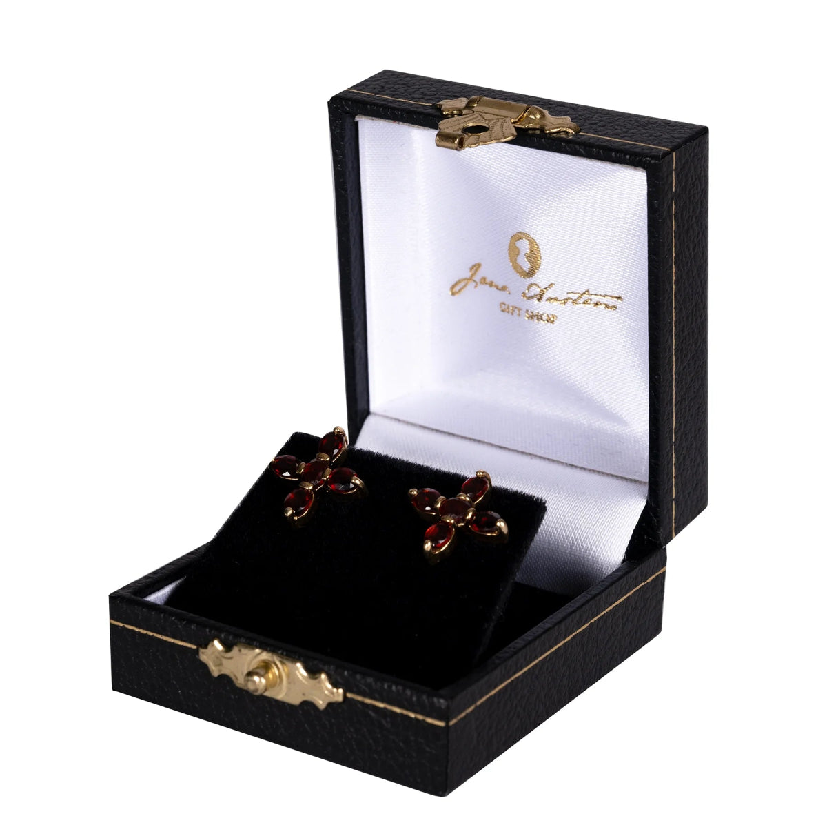 Garnet cross earrings in Jane Austen branded jewellery box.