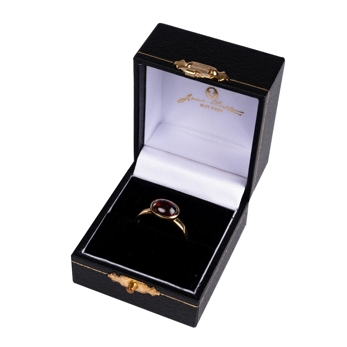 Elizabeth Bennet Gold-Plated Ring with a garnet cabochon set in a gold-plated sterling silver band, presented in a black and gold gift box.