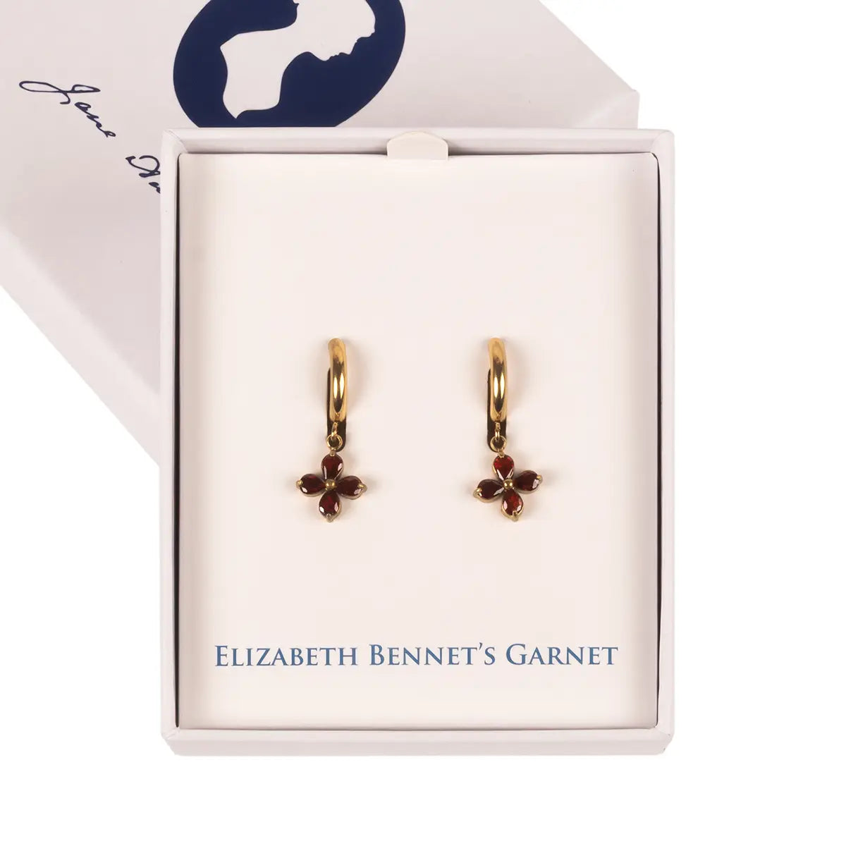 Elizabeth Bennet huggie earrings in a Jane Austen themed box with 'Elizabeth Bennet's Garnet' written on the interior