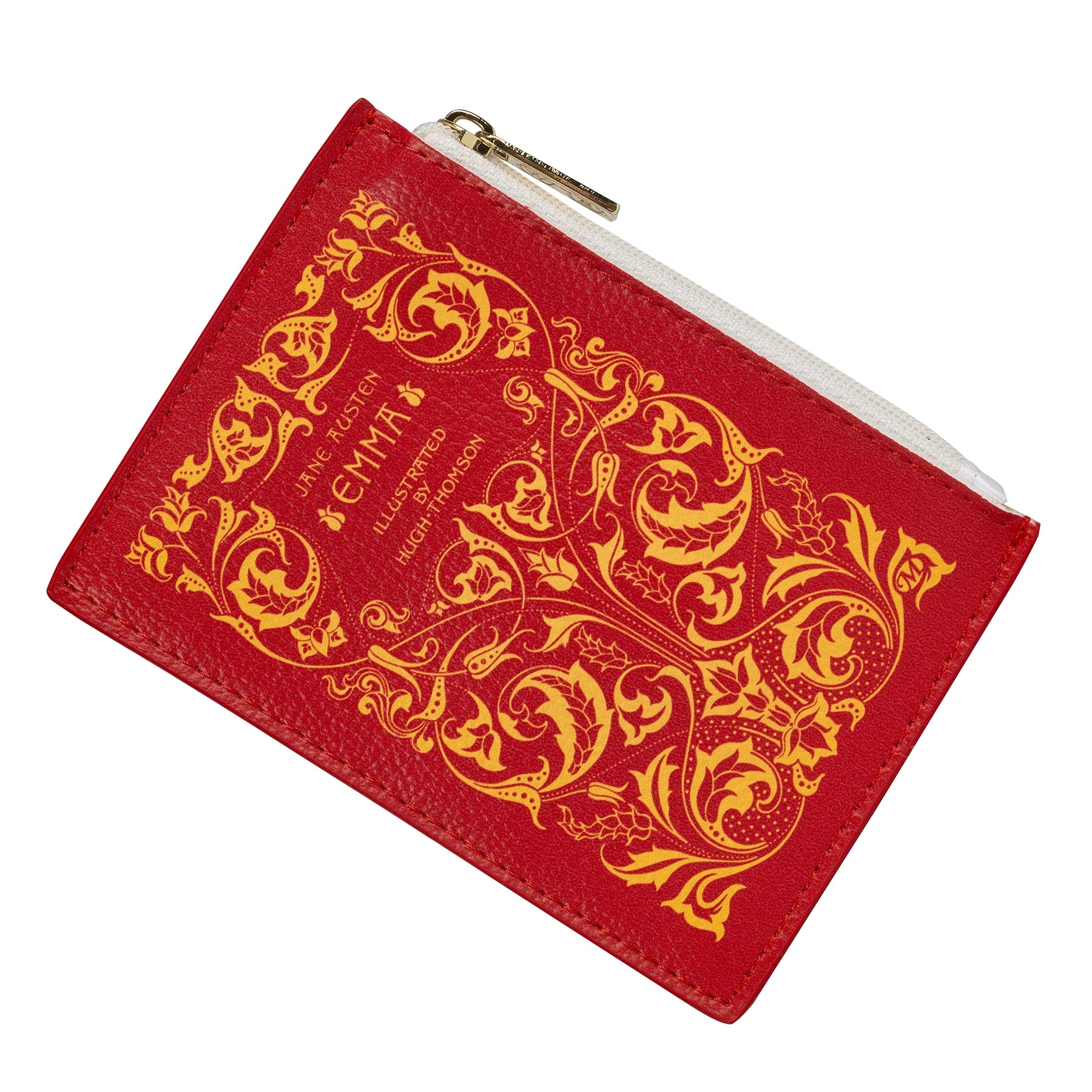A red and gold vegan leather coin purse with a book cover design and floral patterns, featuring a zipper closure at the top.