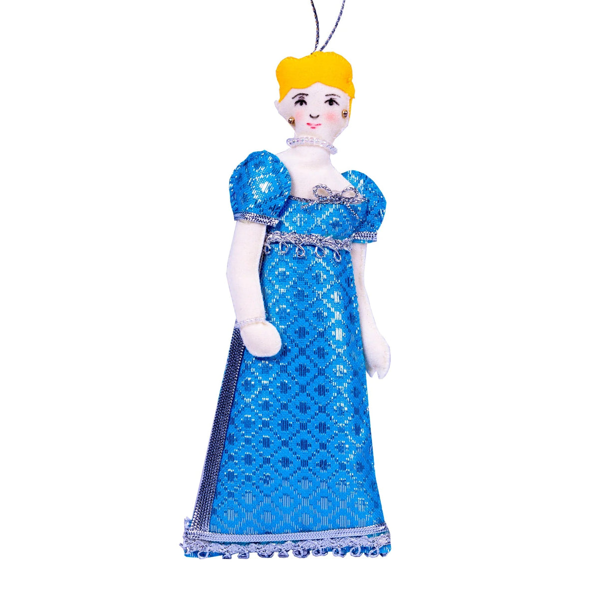 A decorative doll representing the character Emma from Jane Austen's novel, wearing a blue dress with silver accents, complete with a loop hanger.