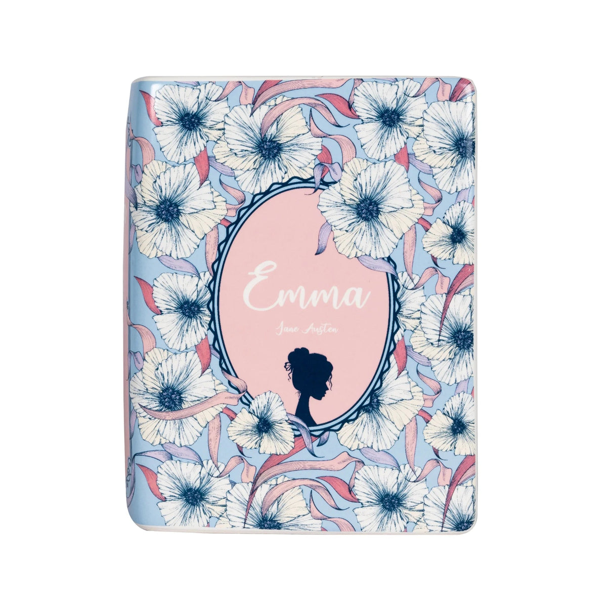 Front image of a ceramic vase decorated with an image of a cover of Jane Austen's Enna novel.