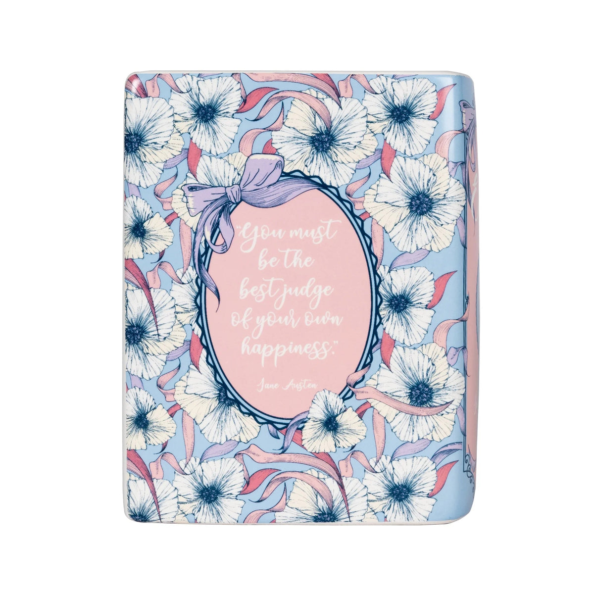 Back of Emma vase, showing the quote "you must be the best judge of your own happiness".