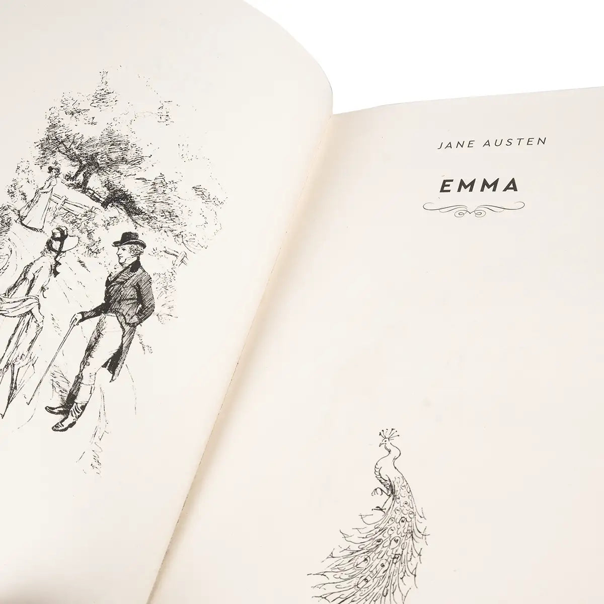 Open book with illustrations and 'Emma' by Jane Austen on a white background