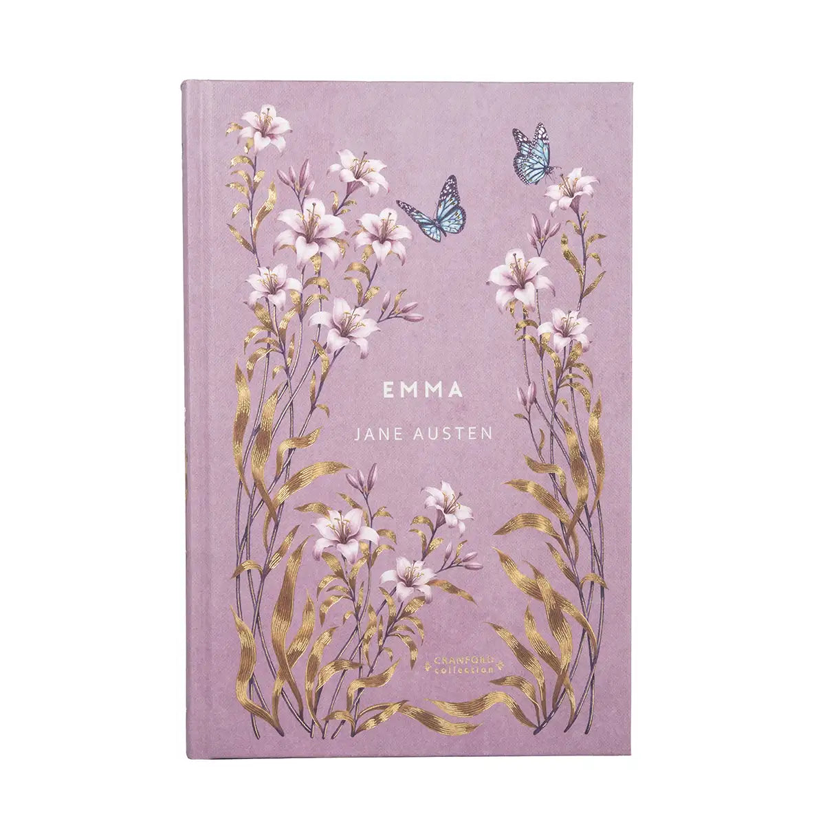 Book cover of 'Emma' by Jane Austen with floral design and butterfly on a purple background
