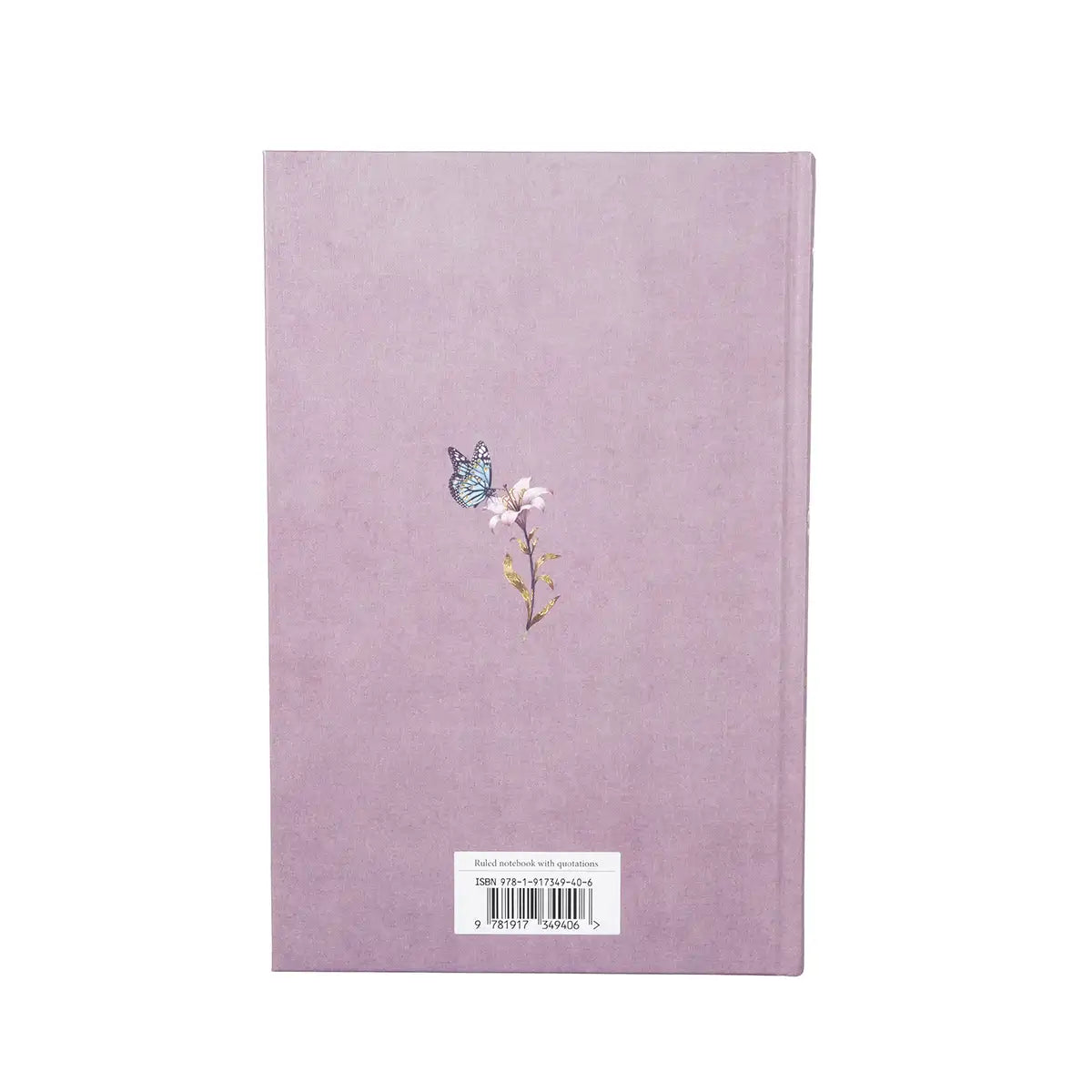 Pale pink notebook with floral design and butterfly on a white background