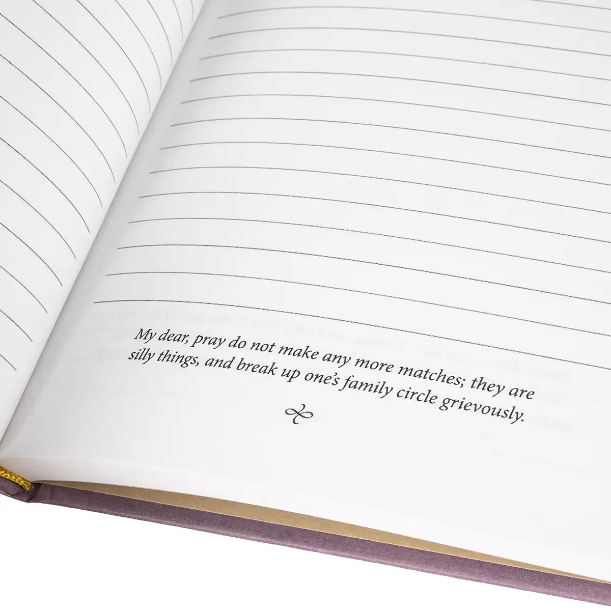 Open notebook with lined pages and a printed message.