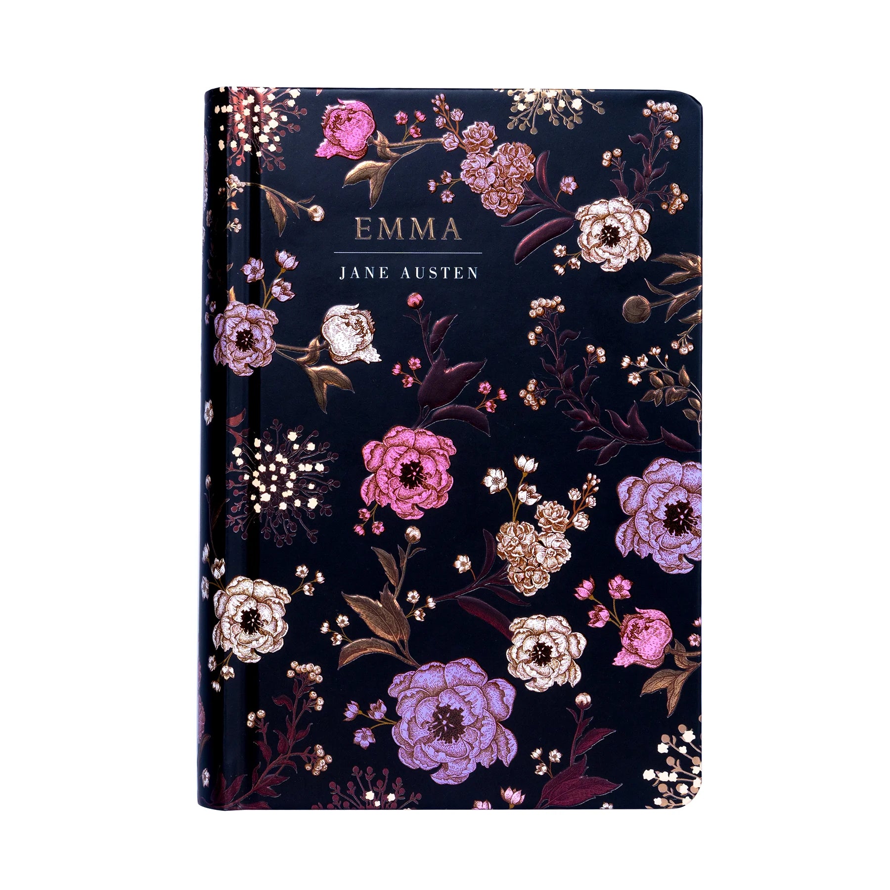 Luxury Hardback Book of Emma with a black cover, adorned with flowers of pink and white tones, complete with gold and mauve leaves.