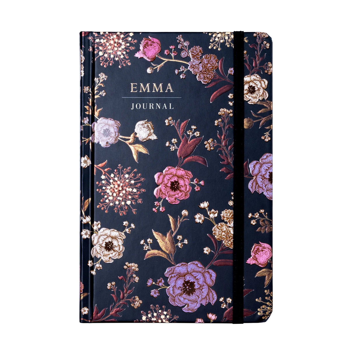 A reading journal with a floral pattern on the cover, titled 'EMMA Journal', with a black elastic closure attached.