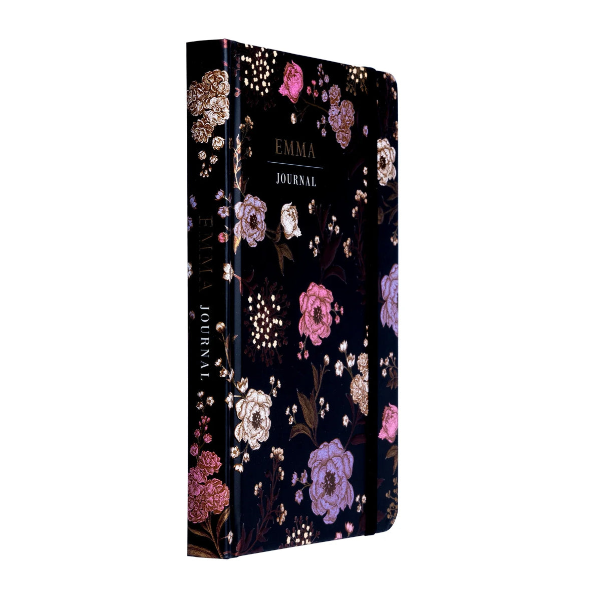 A reading journal with a floral pattern on the cover, titled 'EMMA Journal', with a black elastic closure attached, turned to show the spine.