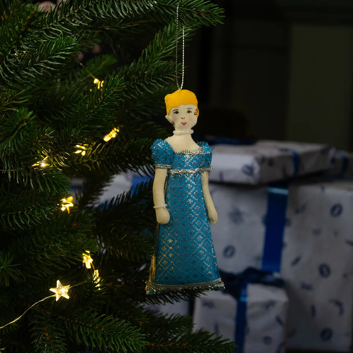 Felt Christmas ornament in the shape of Emma from Jane Austen's book Emma