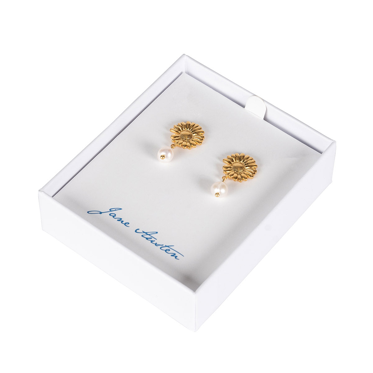 Two Earrings featuring a Gold Daisy with a Pearl drop in a white Jane Austen jewellery box