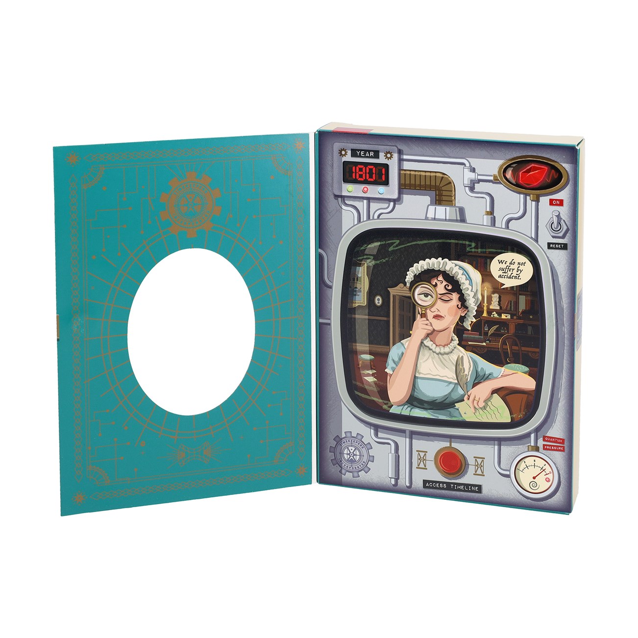 Escape Room Game showing open page with Jane Austen looking through a magnifying glass