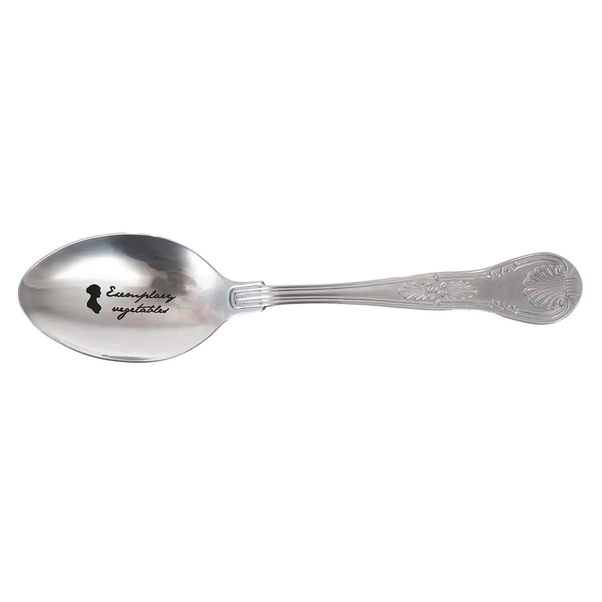 Spoon with 'exemplary vegetables' printed on it against a white background