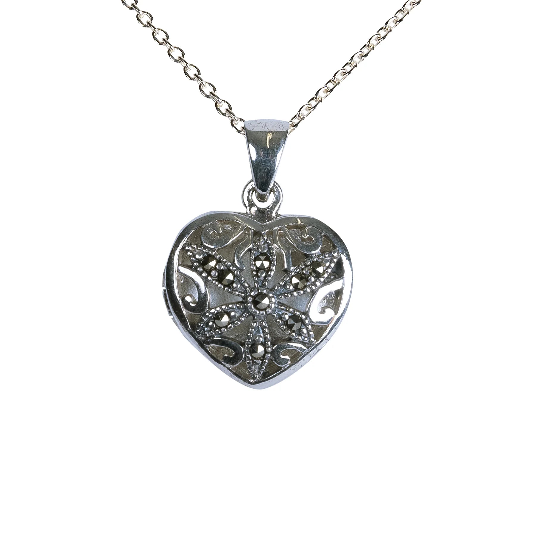 Closeup of a Silver and marcasite locket in a heart shape