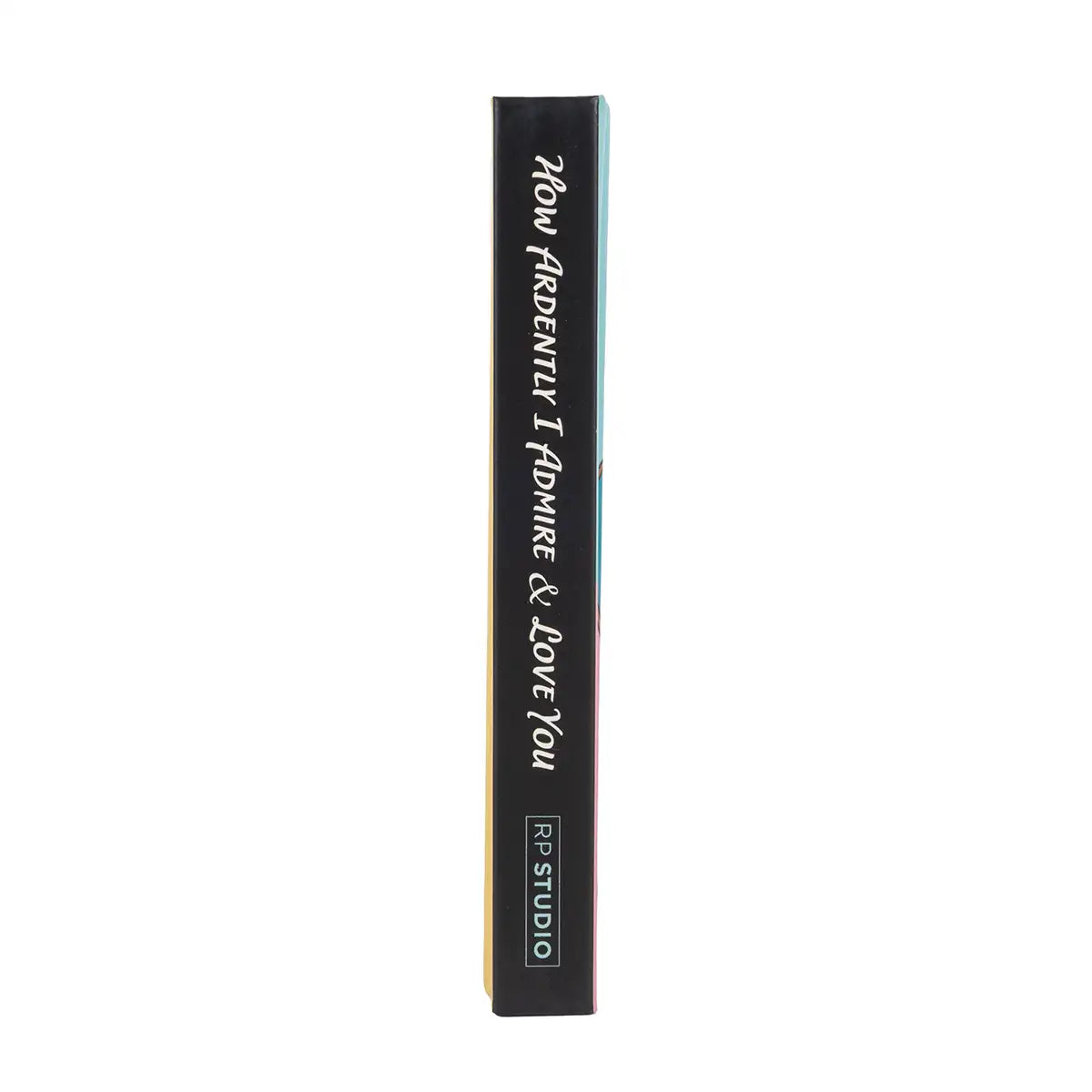 Black spine with white text on a white background