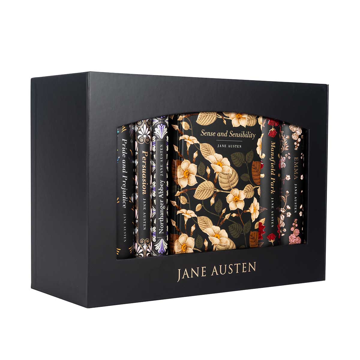 Side view, left: The Jane Austen Boxset contains all six of Jane Austen's published novels, in a black matte case and scribed with 'Jane Austen' in gold, serif letters.