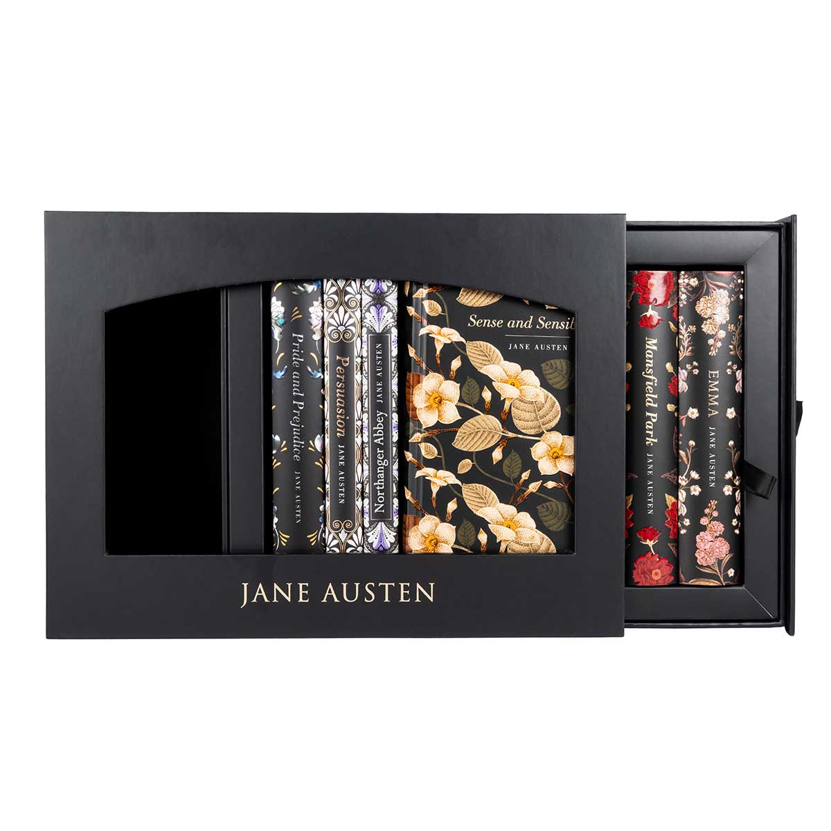 Front view: The Jane Austen Boxset contains all six of Jane Austen's published novels, in a black matte case and scribed with 'Jane Austen' in gold, serif letters. This image shows the inside box slid out with a ribbon to pull.