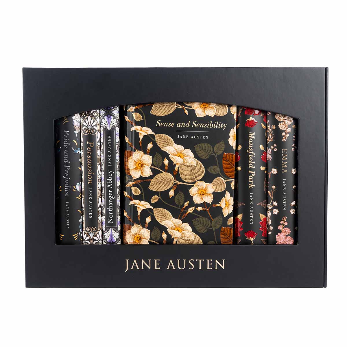 Front view: The Jane Austen Boxset contains all six of Jane Austen's published novels, in a black matte case and scribed with 'Jane Austen' in gold, serif letters.