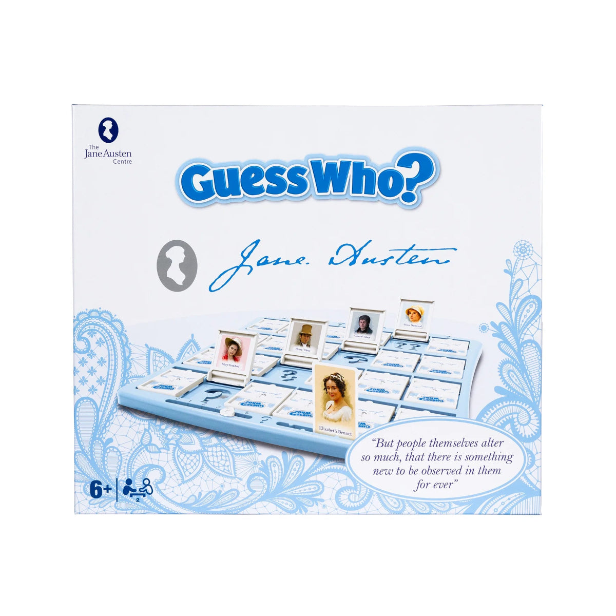 Packaging for 'Guess Who?' Jane Austen edition board game, featuring illustrations of characters from Jane Austen's books.