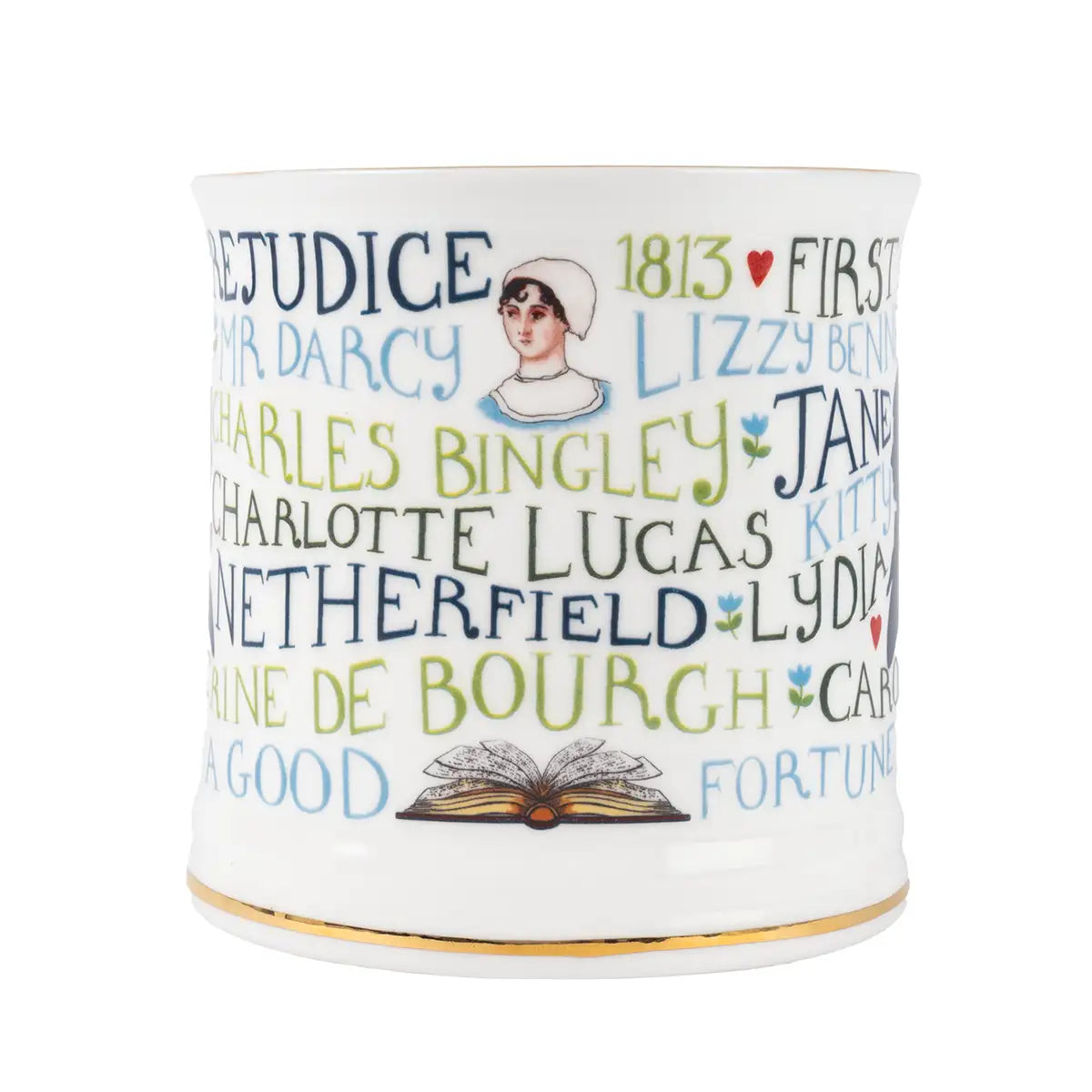 Decorative mug with text and illustrations of Jane Austen and an open book on a white background