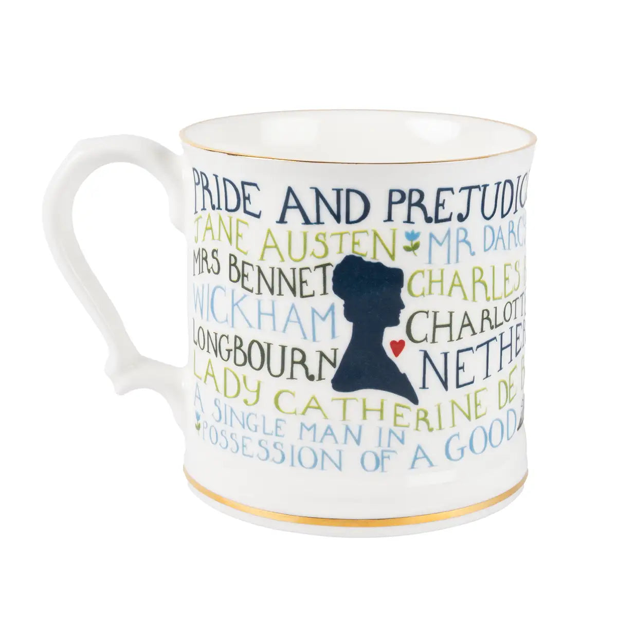 Mug with text and silhouette design on a white background