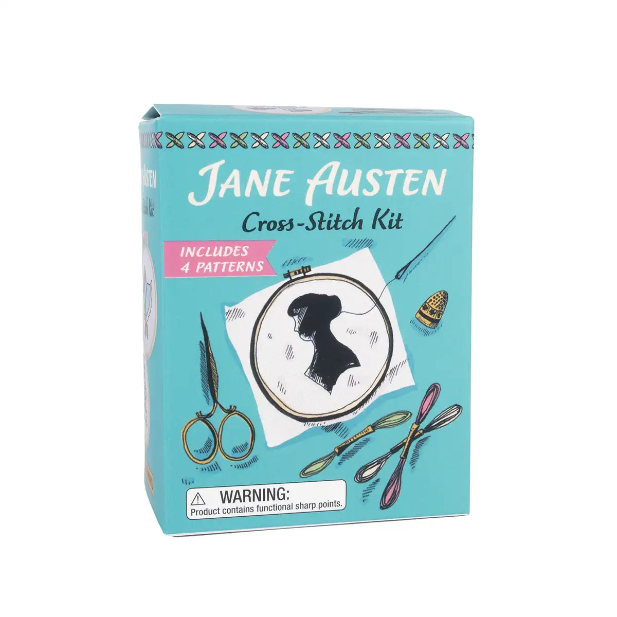 Jane Austen cross-stitch kit packaging on a white background