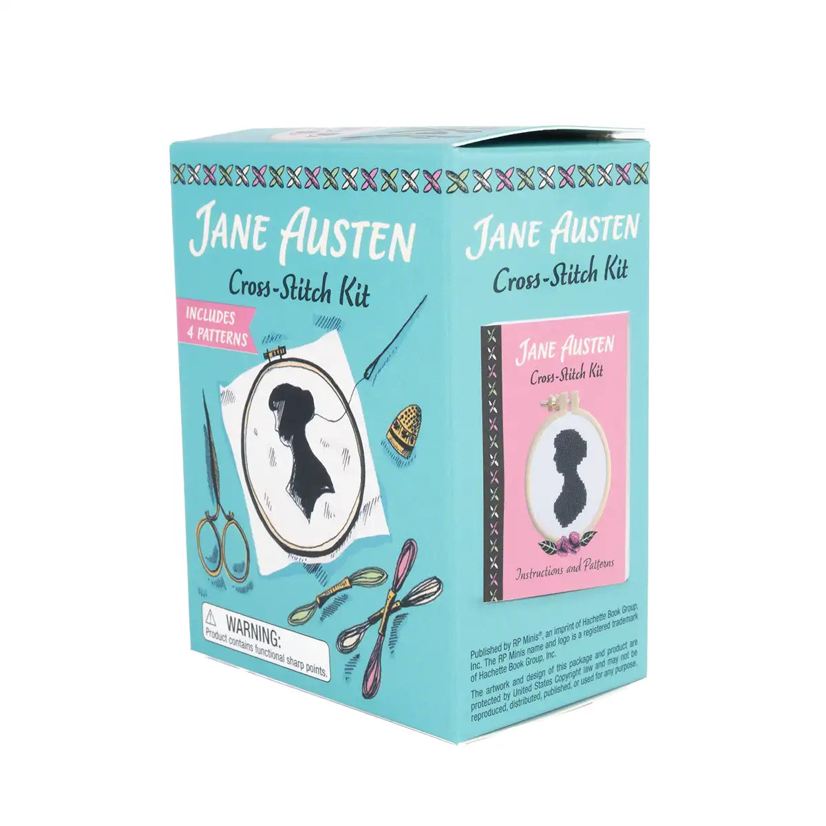 Jane Austen cross-stitch kit packaging on a white background