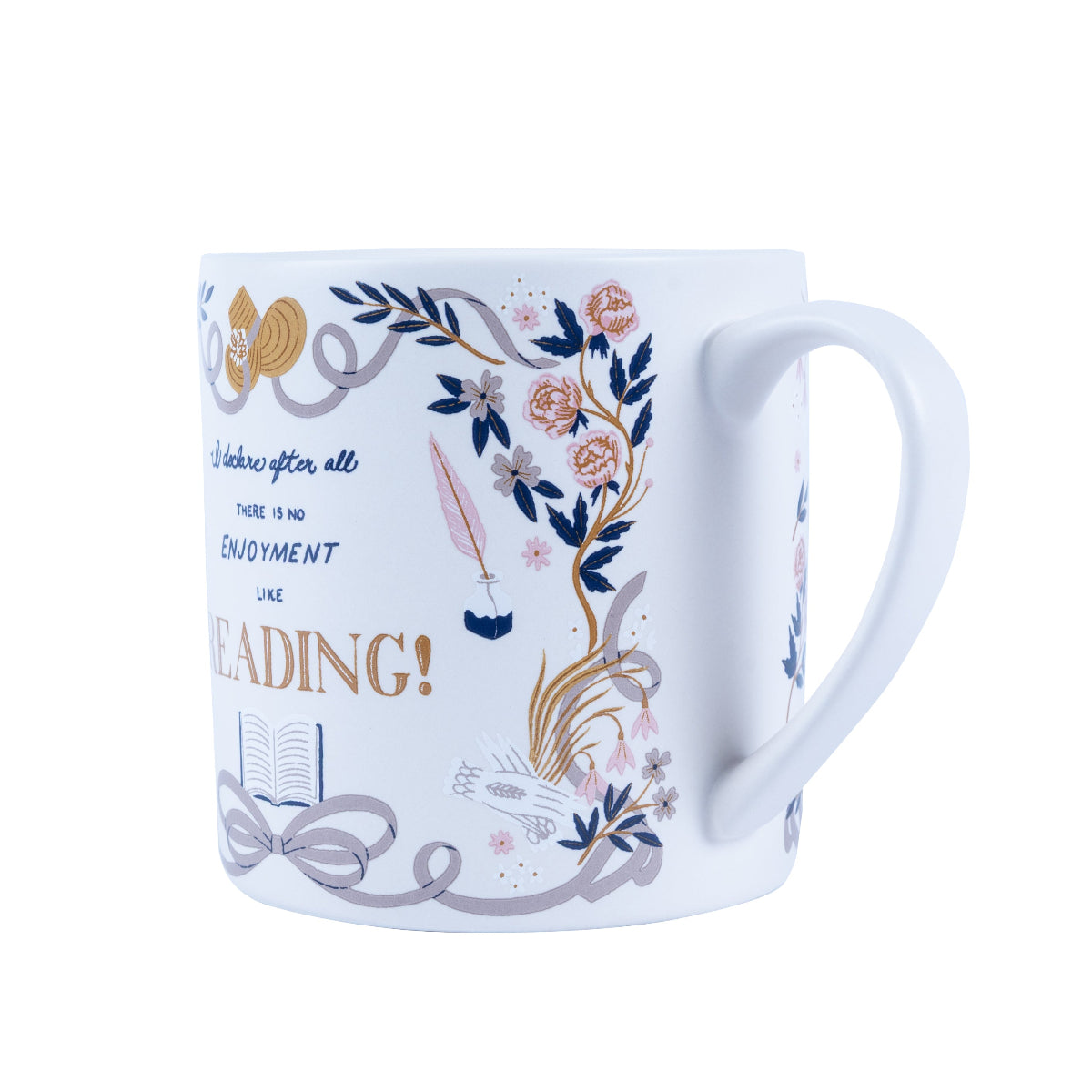 Second side view of Jane Austen mug. Image shows the white handle.