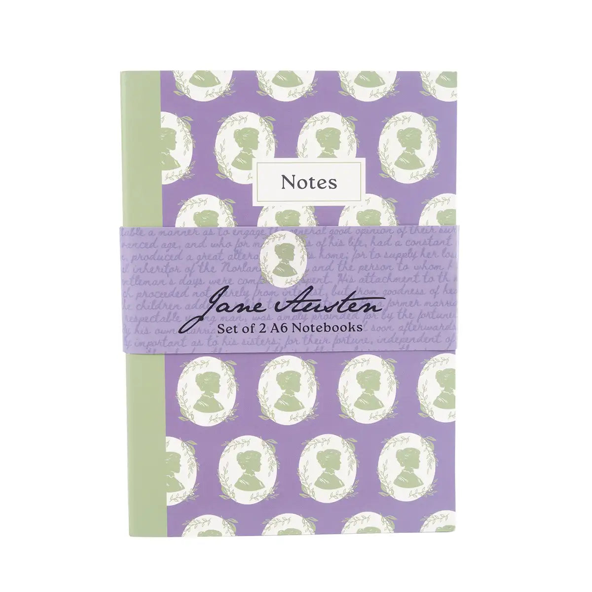 Purple notebook with Jane Austen pattern in green on a white background.
Text reads: 
- "Notes"
- "Jane Austen"
- "Set of 2 A6 Notebooks"