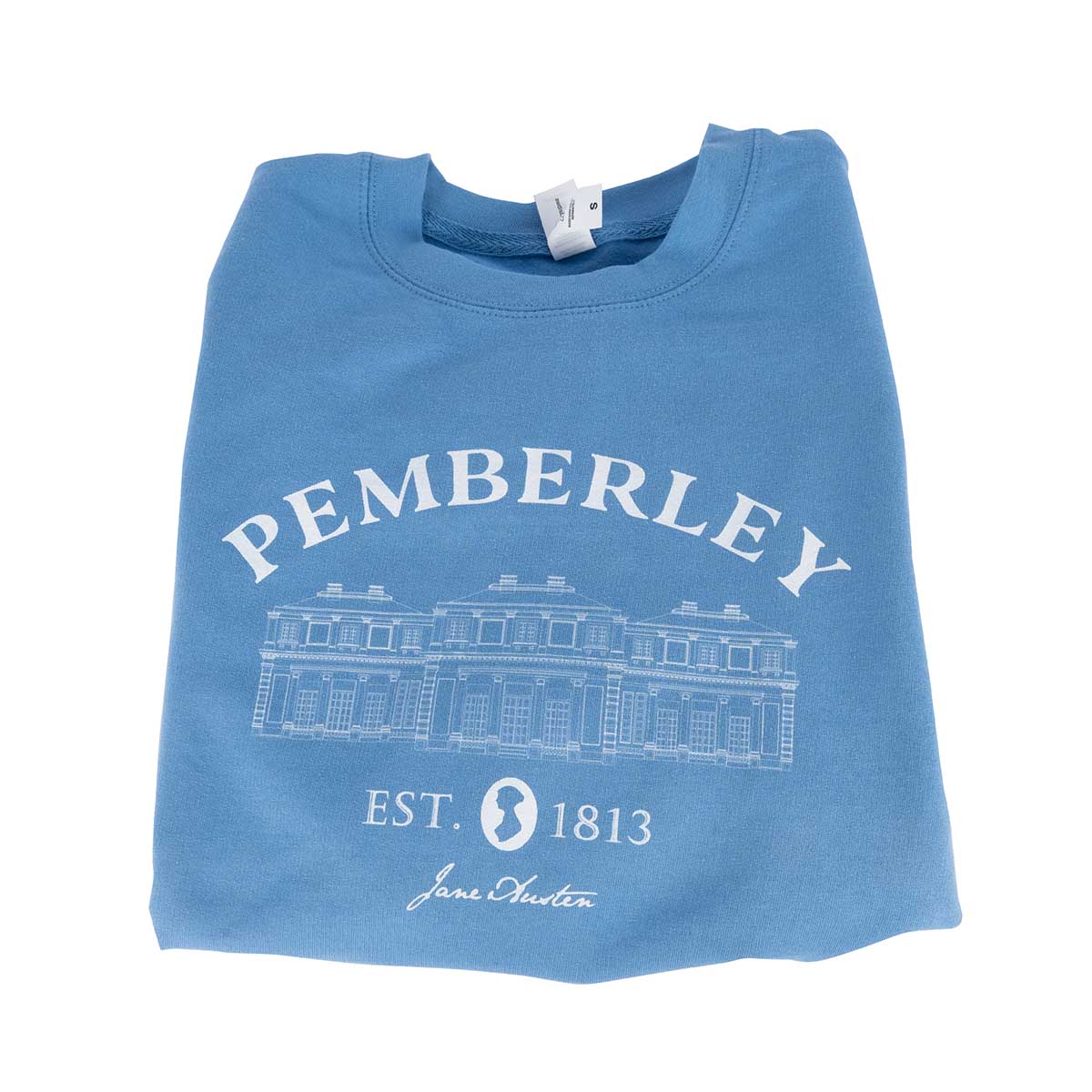 Pemberley Sweater in Soft Blue. Sweater has image of Pemberley Estate from Pride and Prejudice with text reading 'Est. 1813'.