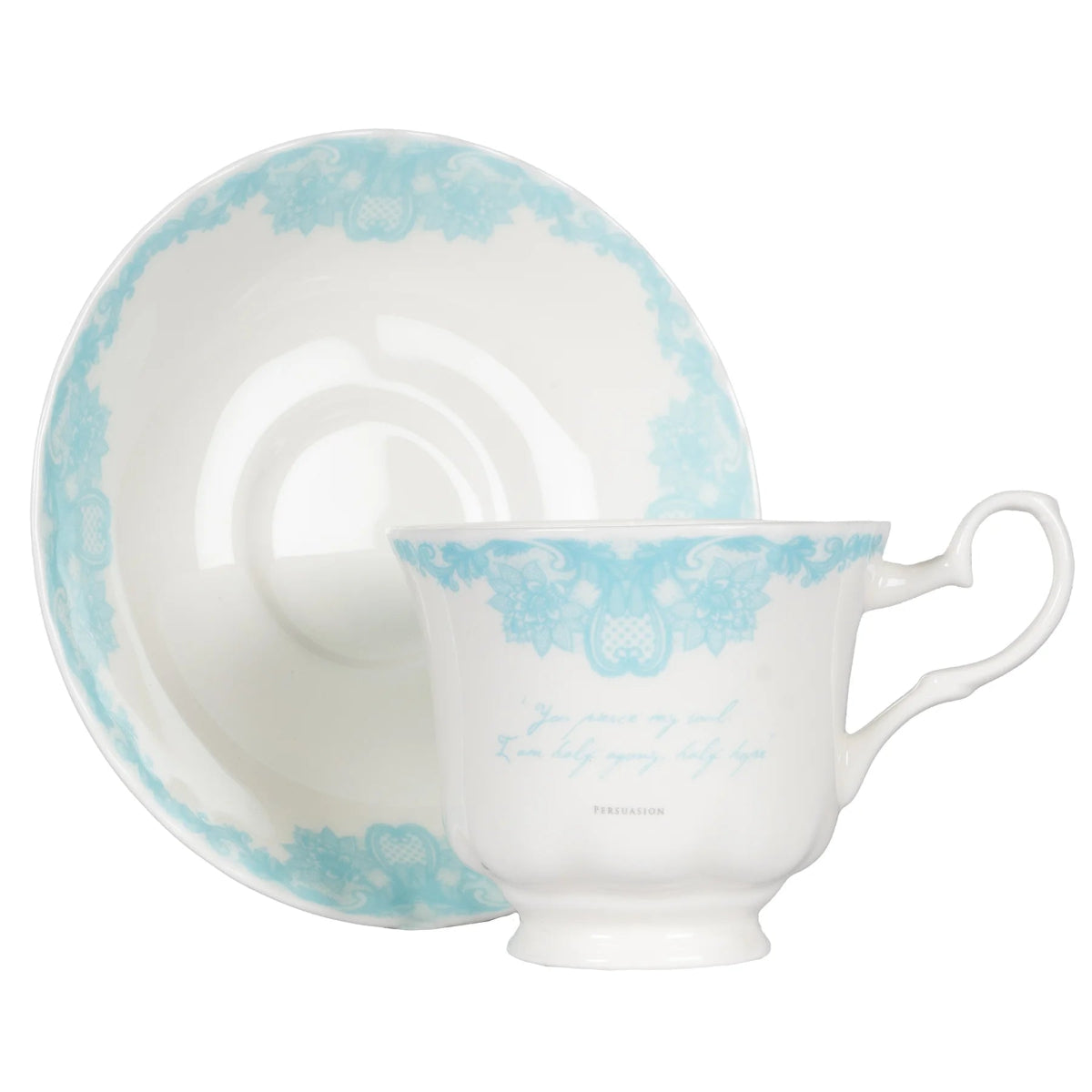 White and blue Jane Austen themed teacup and saucer against white background with quote