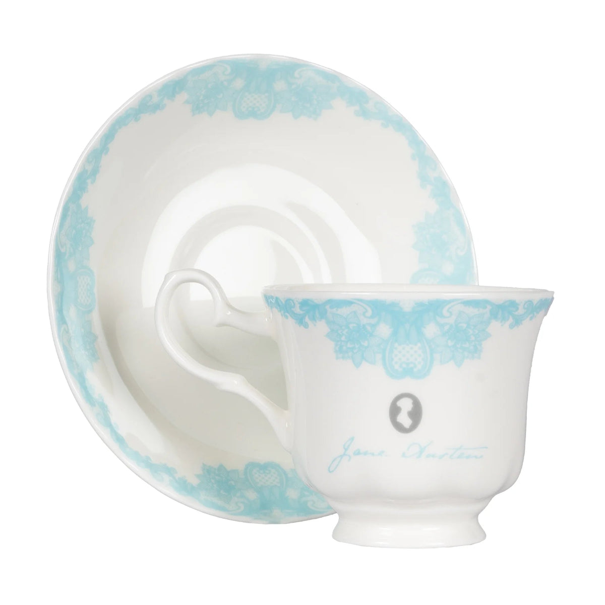 White and blue Jane Austen themed teacup and saucer against white background