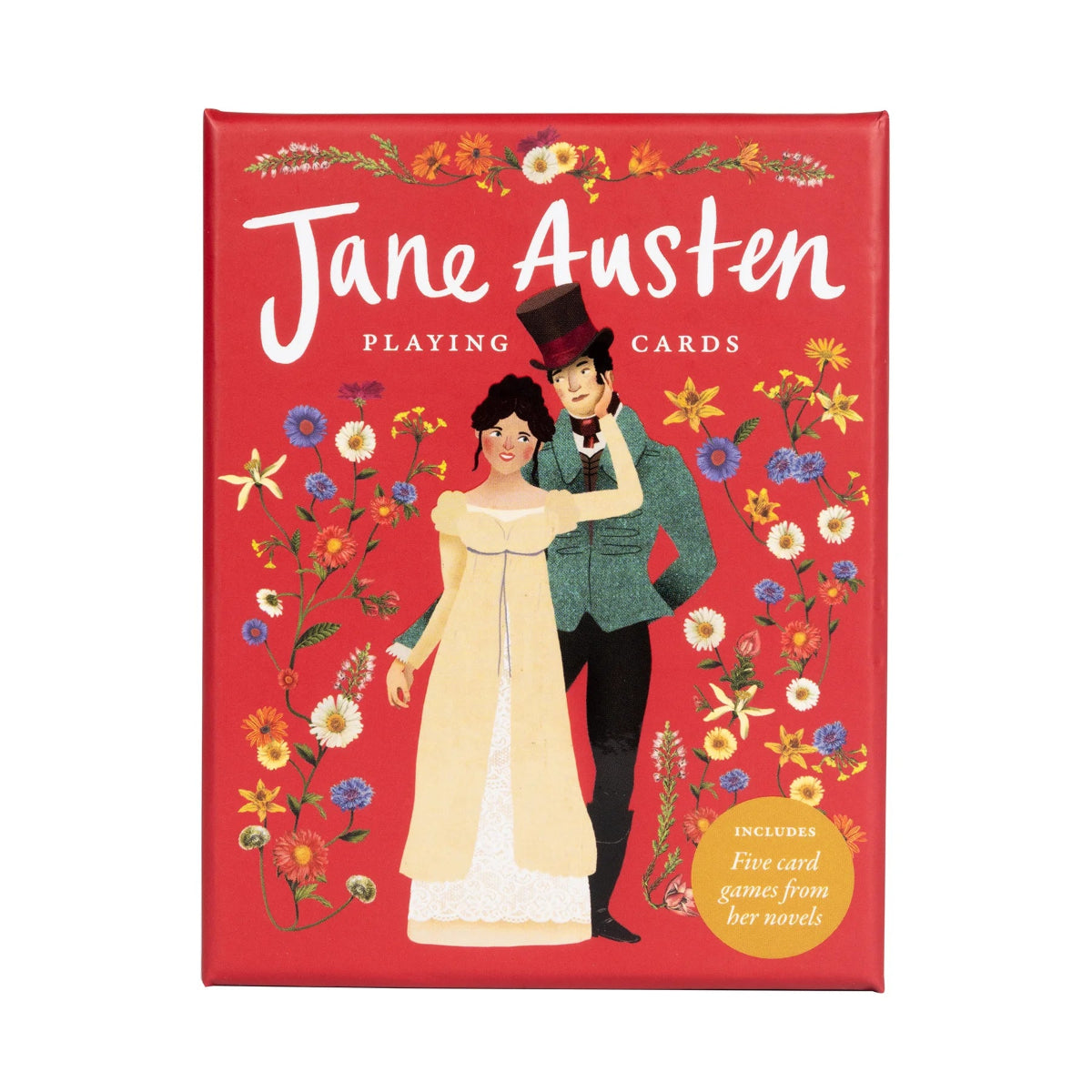 A box of Jane Austen Playing Cards featuring illustrated characters from Jane Austen's novels, set against a floral patterned background.